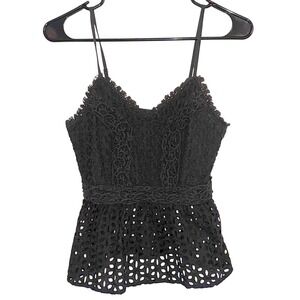Japna Black Lace Eyelet Peplum Cami Top Small Boho Adjustable Straps 100% Cotton